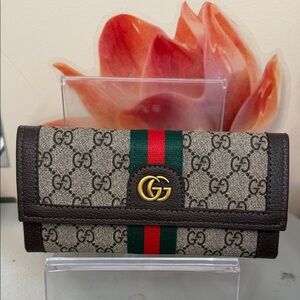 Gucci GG Supreme Continental Wallet with Signature Web Stripe